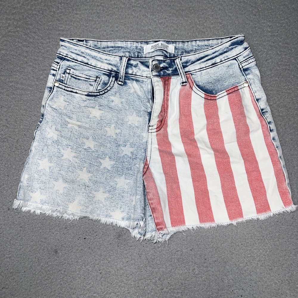 Judy Blue Cutoff Jean Shorts Womens Sz L (28x4) Blue Denim US Flag Raw Hem Jorts